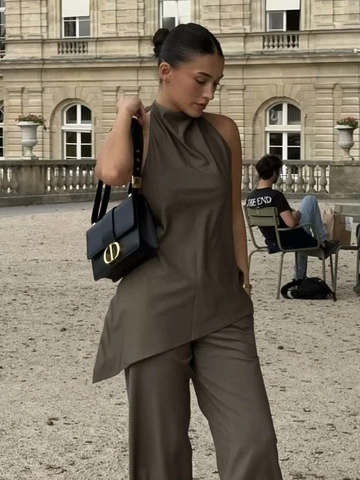 Women Halter Neck Top And Wide Leg Pants Polyester Asymmetrical Hem Drawstring Waist Elegant Minimalist Commuter Style