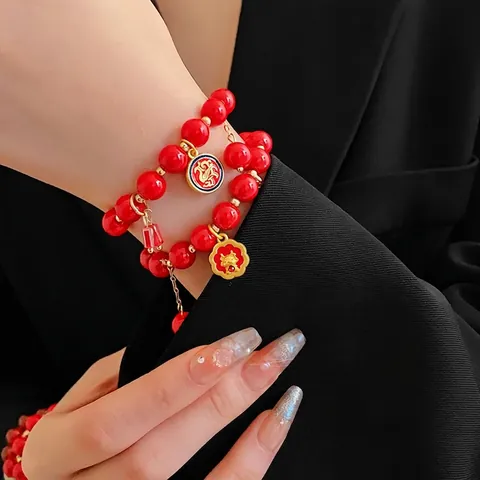 Bracciale Di Perle Rosse Drago Dello Zodiaco Cinese Portafortuna Lega Vetro Cristallo Gioielli Retro Festivi Per Donne