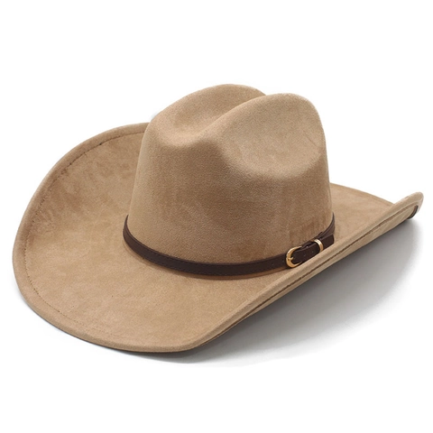 Western Cowboy Hoed Suede Polyester Brede Rand Vintage Jazz Stijl Met Leren Riem Decoratie Voor Heren Dames