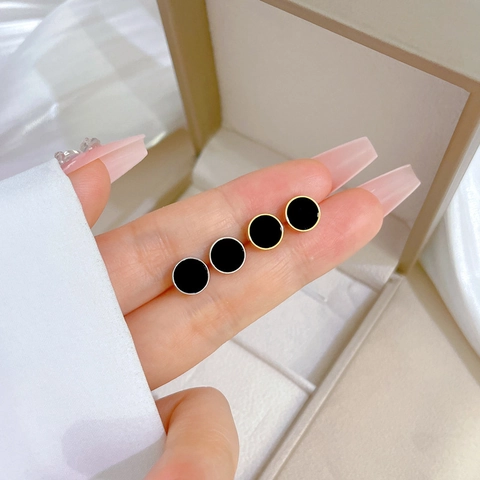 Round Stud Earrings Titanium Steel Black Enamel Minimalist Geometric Jewelry For Men Women