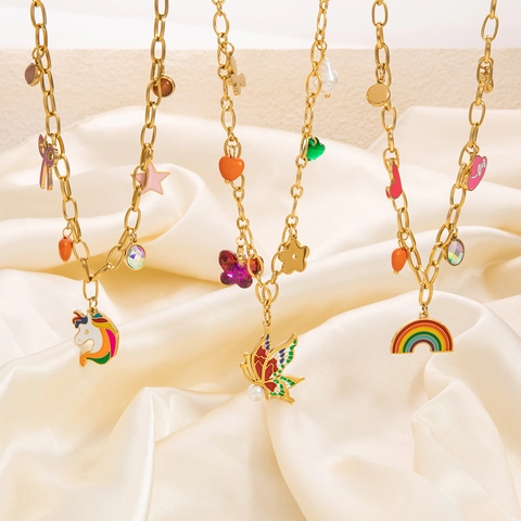 Women's Stainless Steel Necklace With Rainbow Butterfly Multi-Pendant Cute Artificial Pearl Rhinestone Clavicle Chain Jewelry