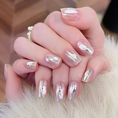 Pink Cat Eye Press On Nails With Gold Foil Stamping Graffiti Art For Women Handmade Style
