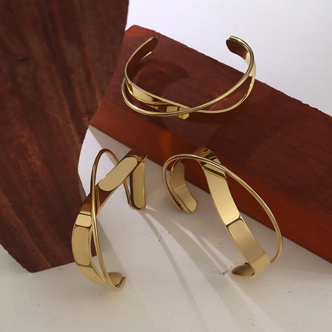 Crossed Double Layer Open Bangle 18K Gold Plated Titanium Steel Polished Minimalist Adjustable Bracelet For Women