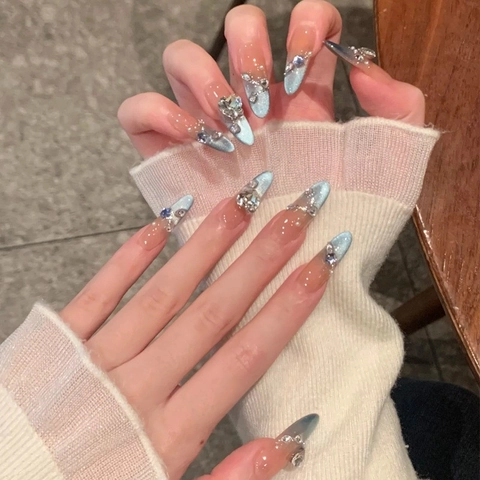 Handmade Press On Nails High-End Cat Eye Gradient Glitter Long Almond False Nails With Rhinestone Artificial Pearl 3D Bow Butterfly Heart Charms Reusable Acrylic Artificial Finger Nails For Women