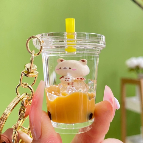 Simpatico Orsetto Bubble Tea Liquido Sabbie Mobili Portachiavi Acrilico Silicone Lega Di Zinco Ciondolo Con Campanello