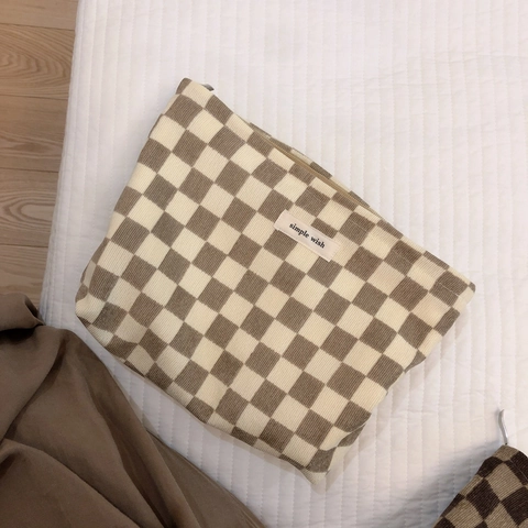 Women Corduroy Checkerboard Cosmetic Bag Vintage Square Clutch Zipper Large Capacity Toiletry Makeup Daily Travel Bag