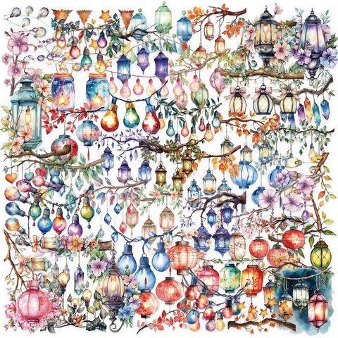 Waterdichte Transparante PET Stickers Pack Aquarell Dromerige Lantaarn Lamp Ontwerp Voor Scrapbooking Laptop Dagboek Decals