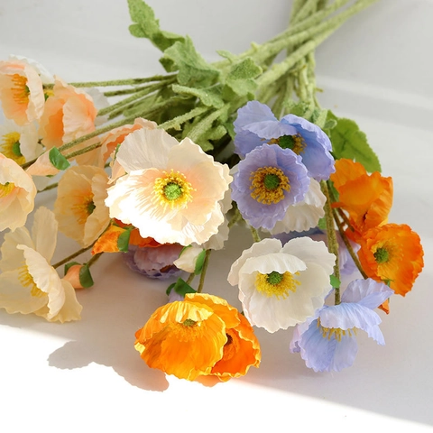 Artificial Poppy Flower Satin Flocking Realistic Fake Plant For Home Wedding Party Decoration Aesthetic Floral Arrangement