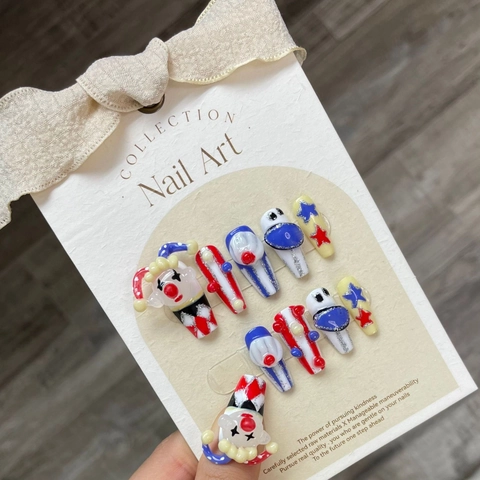 Handmade Press On Nails 3D Relief Circus Clown Halloween Party Style Colorful Resin Fake Nails