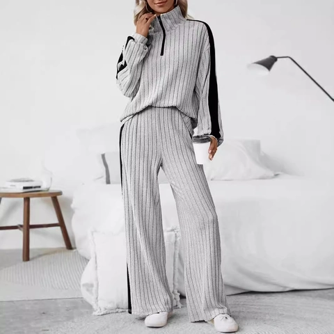 Completo Donna Casual in Maglia a Costine Con Mezza Zip Top a Maniche Lunghe e Pantaloni a Gamba Larga Patchwork