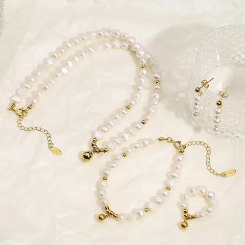 Joyas Elegantes De Perlas De Agua Dulce Para Mujeres Collar Pulsera Anillo Elástico Pendientes Colgantes De Acero Inoxidable