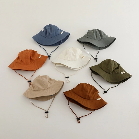 Kids Bucket Hat Polyester Sun Protection Wide Brim Adjustable Windproof Rope Outdoor Minimalist Boys Girls