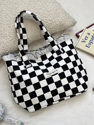 Checkerboard Canvas Tote Bag With White Lace Trim Korean Style Portable Handbag For Women Daily Travel Use