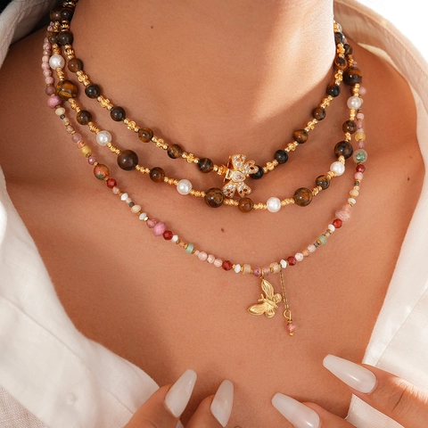 Collier Perles Pierre Oeil De Tigre Vintage Pour Femmes Pendentif Papillon Plaqué Or Bijoux Noeud Zircon Rétro Style Maillard