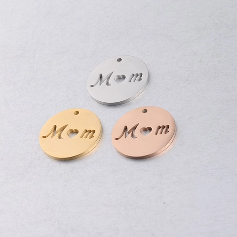 Stainless Steel Round Hollow Mom Pendant Mirror Polished Heart Letter Charm For Mother Day DIY Jewelry Making