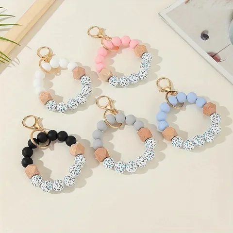 Llavero De Pulsera Con Cuentas De Silicona Y Madera Anillo De Llave Moda Amuleto De Bolso Accesorios Mujeres Con Cierre Metálico
