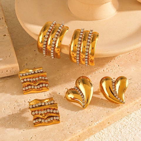 Stylish Stainless Steel Geometric Earrings For Women Gold Plated Rhinestone Inlaid Heart Oval Water Drop Bow Trendy Fashion Jewelry