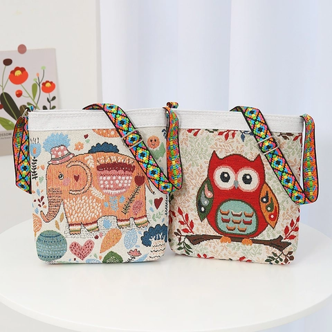 Women Ethnic Embroidery Canvas Crossbody Bag Cartoon Animal Elephant Owl Wide Strap Retro Casual Shoulder Purse