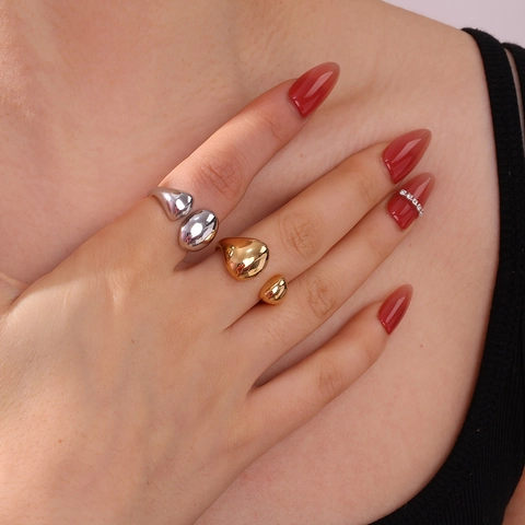 Edelstahl Offener Ring Minimalistisch Hochglanzpoliert Unregelmäßige Geometrische Tropfenform Verstellbarer Schmuck Damen