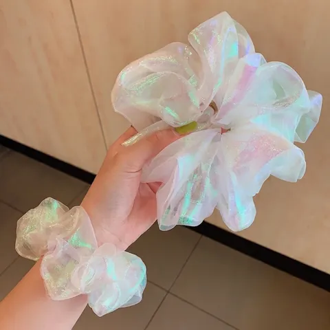 Holographic Organza Scrunchies Floral Daisy Print Elastic Hair Bands Sweet Fairy Ponytail Holder For Women Girls