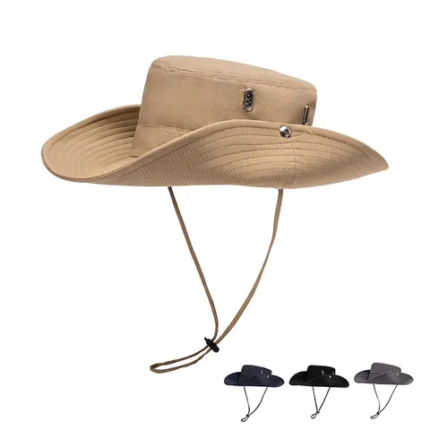 Outdoor Wide Brim Bucket Hat Quick Dry Polyester Sun Protection Hiking Fishing Boonie Hat With Adjustable Wind Rope