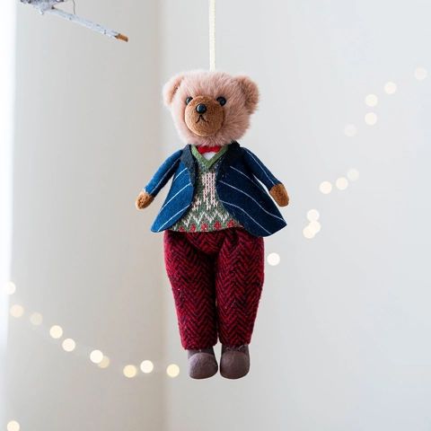 Teddybär Plüsch Anhänger Britischer Stil Karorock Blauer Anzug Süß Weihnachten Baum Tasche Schlüsselanhänger Dekoration Vintage Paar