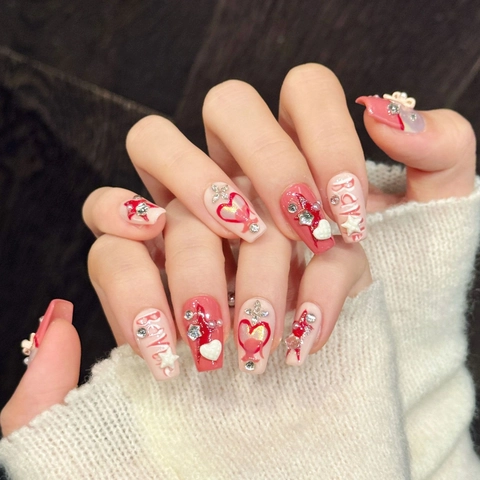 Handmade Press On Nails 3D Heart Star Rhinestone Artificial Pearl Y2K Sweet Cool False Nails For Women Decoration
