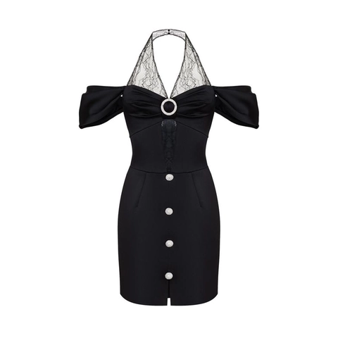 Dames Kanten Halternek Bodycon Mini Jurk Blote Schouders Strass Knop Sexy Mouwloos Feest Club Zwart