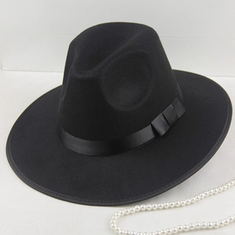 Vintage Polyester Felt Fedora Hat Wide Brim Jazz Hat With Satin Ribbon Decoration Elegant Stage Party Hat For Men Women
