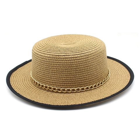 Cappello Di Paglia Boater Da Donna Cupola Piatta Spiaggia Estate Cappello Da Sole Con Catena In Metallo Dorato E Bordo Nero