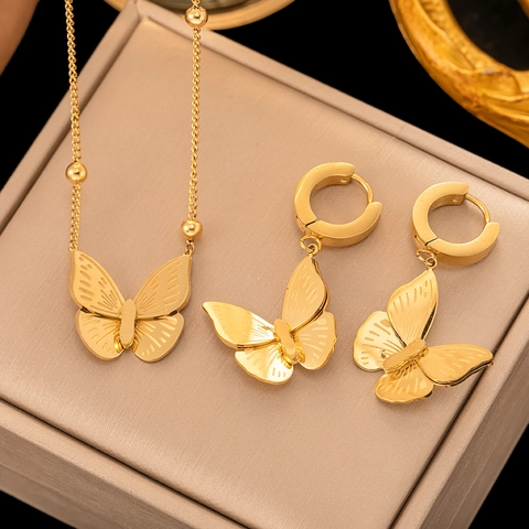 Collana Con Ciondolo A Farfalla E Orecchini A Cerchio Acciaio Al Titanio Oro Lucidato Catena A Sfere Moda Elegante Per Donna