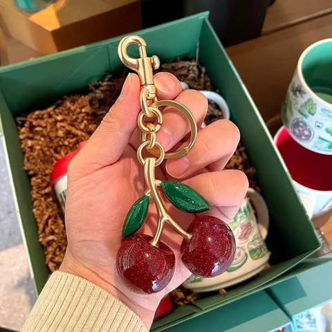 Portachiavi Ciliegia Resina Glitter Frutta Ciondolo Borsa Per Donne Ragazze Lega Oro Anello Chiave Pendente