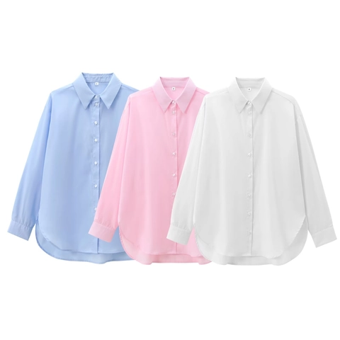 Women Long Sleeve Shirt Cotton Blend Button Down Loose Fit Casual Streetwear Lapel Collar Solid Color Blouse