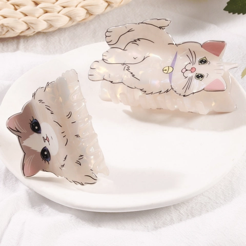 Adorabili Mollette Per Capelli A Forma Di Gatto Cartoon Acetato Lucentezza Perla Artificialta Accessori Per Donne
