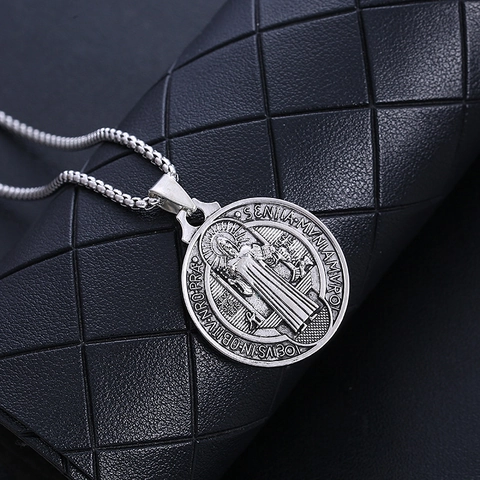 Collana Con Pendente Medaglia San Benedetto In Acciaio Inossidabile Gioiello Protezione Religiosa Vintage Per Uomini Donne