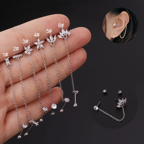 Double Piercing Chain Earrings Stainless Steel Bar Zircon Flower Crown Ear Bone Stud Korean Style Integrated Jewelry