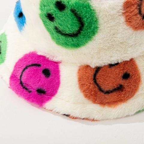 Winter Bucket Hat Plush Faux Fur Warm Soft Colorful Smile Face Print Fisherman Cap For Women Outdoor Streetwear