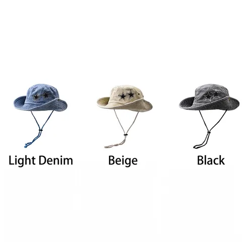 Bob En Coton Lavé Denim Chapeau De Soleil Avec Patch Étoile Paillettes Strass Cordon Réglable Pliable Extérieur