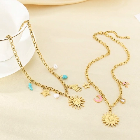 Hemelse Hanger Ketting Roestvrij Staal Verguld Zon Maan Ster Hart Hamsa Hand Vintage Boheemse Sieraden Voor Vrouwen