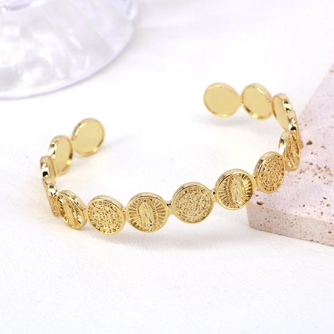 Vintage Religious Coin Medallion Bangle Copper 18K Gold Plated C-Shaped Adjustable Bracelet Luxury Jewelry