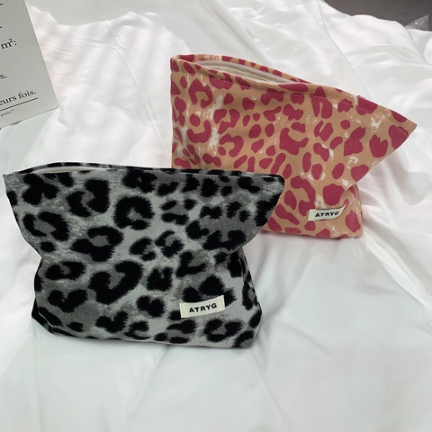 Neceser De Maquillaje Estampado Leopardo Pana Retro Bolsa Cosmética Organizador Viaje Portátil Para Cuidado De La Piel