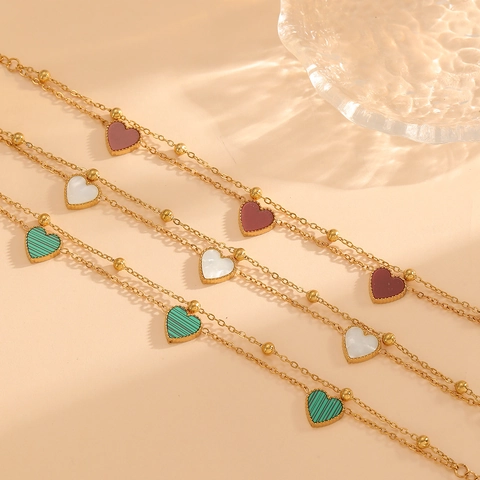 Double Layer Stainless Steel Heart Bracelet For Women Gold Plated Shell Inlay Triple Heart Pendant Minimalist Fashion Jewelry