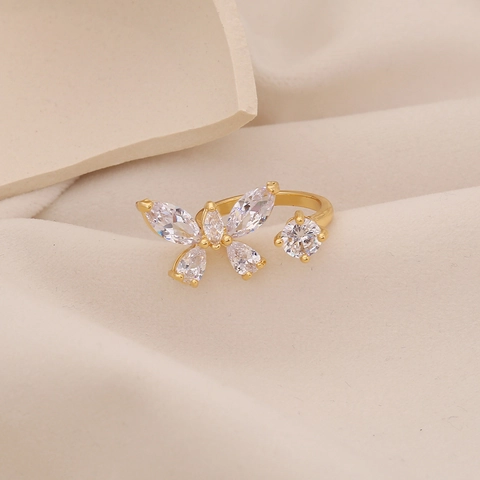 Eleganter Schmetterlingsring Verstellbar Kupfer Vergoldet Zirkonia Modeschmuck Für Frauen Geschenk