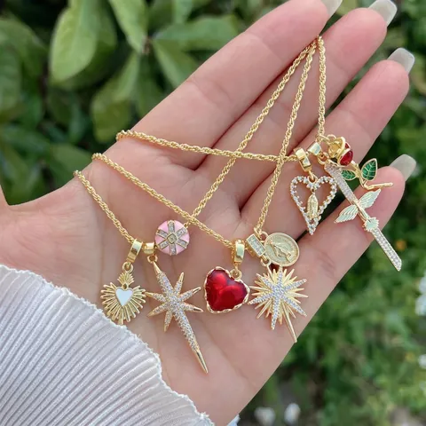 Collana Con Ciondoli Multipli Rame Placcato Oro 18K Zirconia Cuore Croce Rosa Catena A Corda Intrecciata Vintage Unisex