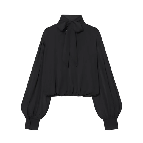 Women Chiffon Blouse Long Lantern Sleeve Mock Neck Pussy Bow Tie Pleated Wrap Front Solid Color Casual Streetwear Top