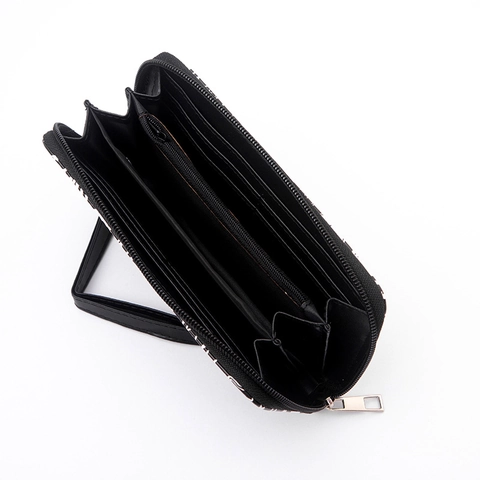 Long Zipper Wallet PU Leather Gothic Skull Print Large Capacity Clutch With Wrist Strap For Women