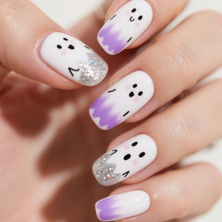 Halloween Ghost Press On Nails ABS Purple Gradient Glitter Square Fake Nails For Women Manicure Festive Nail Art