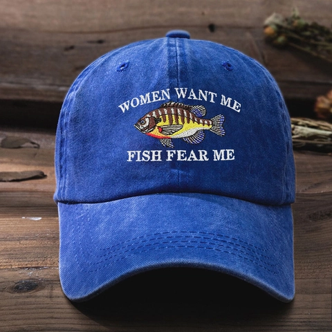 Gewaschene Baumwolle Baseball Kappe Humorvolle Stickerei Women Want Me Fish Fear Me Verstellbar Vintage Sonnenhut Herren Damen