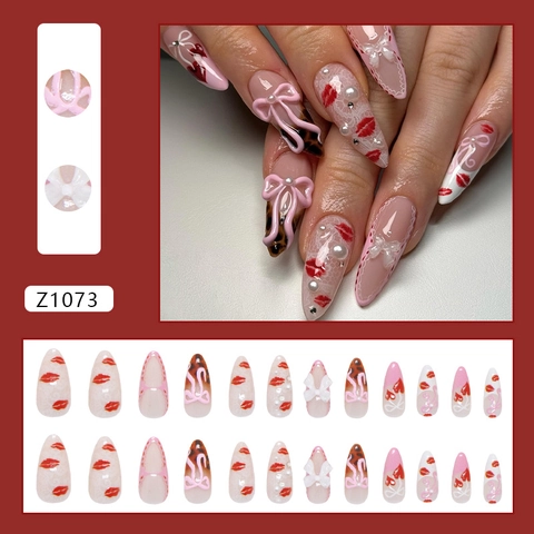 3D Bow Rhinestone Pearl Press On Nails Leopard Lip Print Almond Shape ABS Handmade Manicure Nails For Women Party Decorative Nails