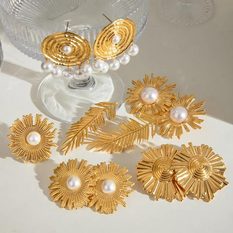 Orecchini E Anello In Acciaio Inossidabile Vintage Geometrico Spirale Raggio Di Sole Foglia Di Palma Perla Artificial Simulazione Gioielli Donna